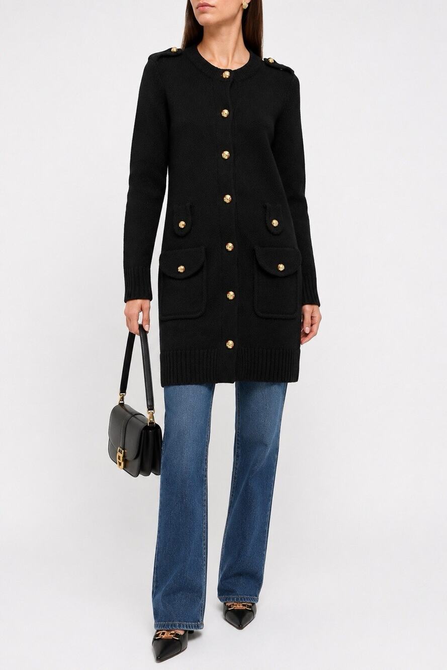 Tory Burch Long 100% Wool Cardigan Coat XL Black Gold Logo Buttons